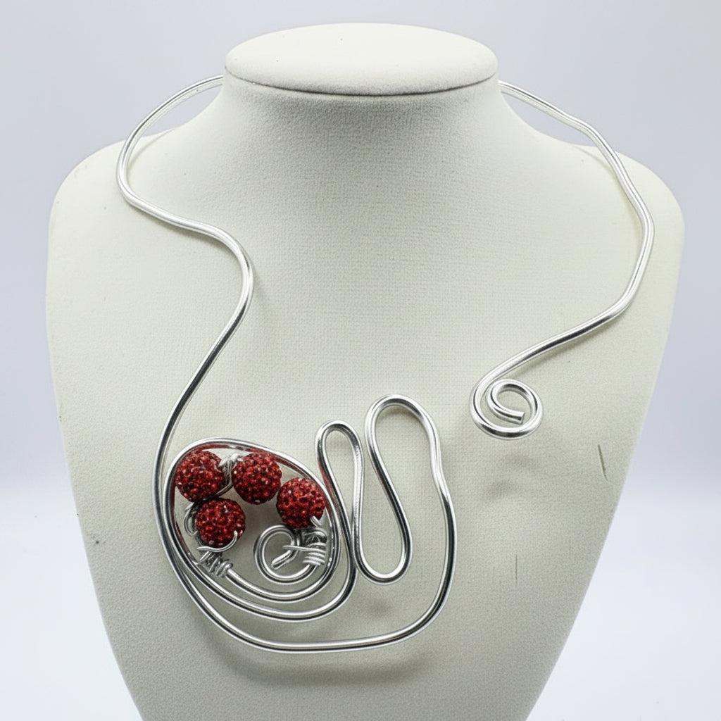 silver choker with red rhinestones