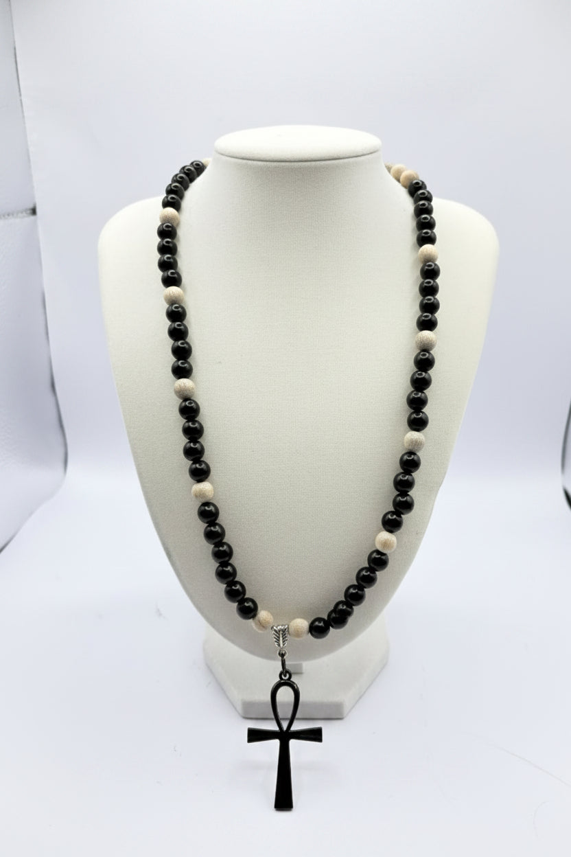 Black and tan wood bead necklace