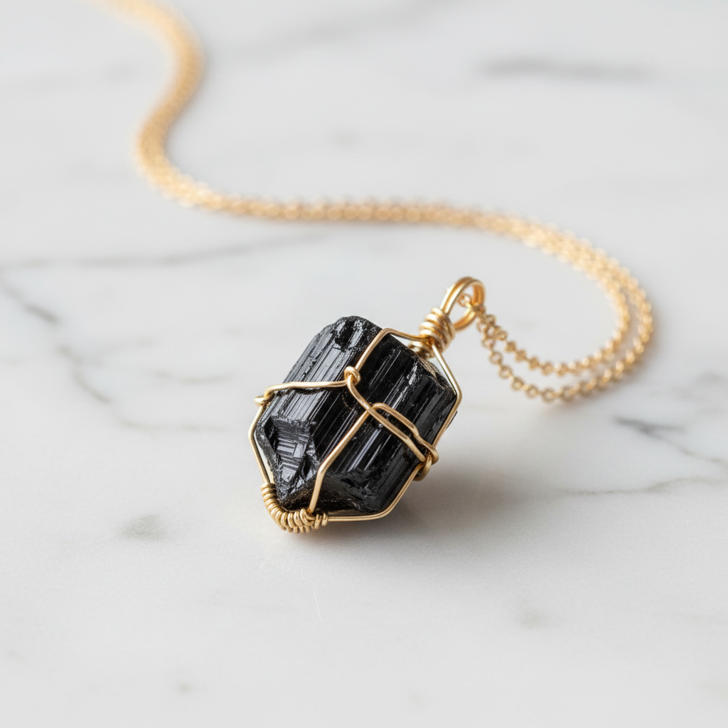 Crystal necklace Black tourmaline and silver wire